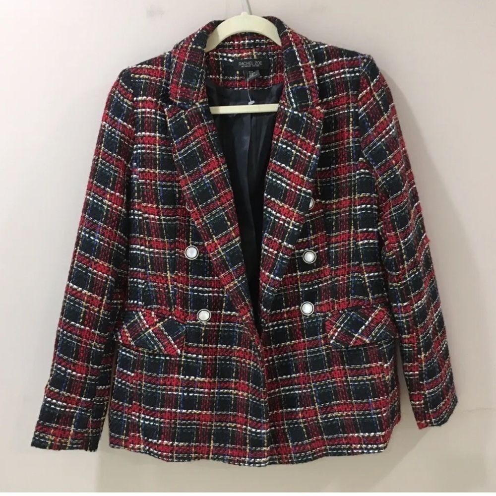 Rachel Zoe double breasted blazer tweed black red Size M